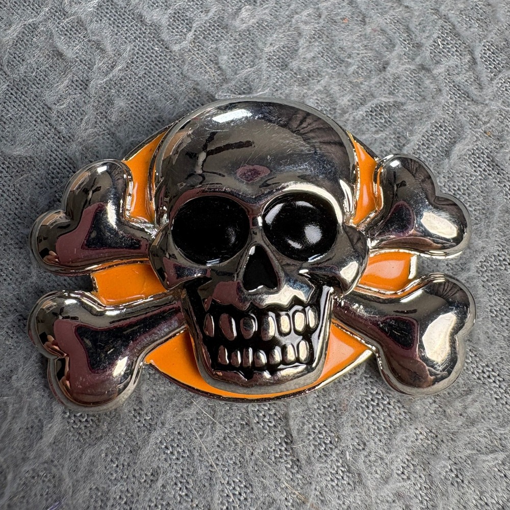 Skull and Crossbones Brooch Silver Tone Orange Enamel Biker Punk Pin